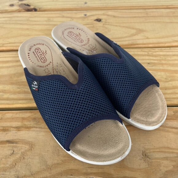 Flyflot Shoes - ** Flyflot Blue Mesh Slide On Low Wedge Sandals Open Toe Italy Size 9 EU 40